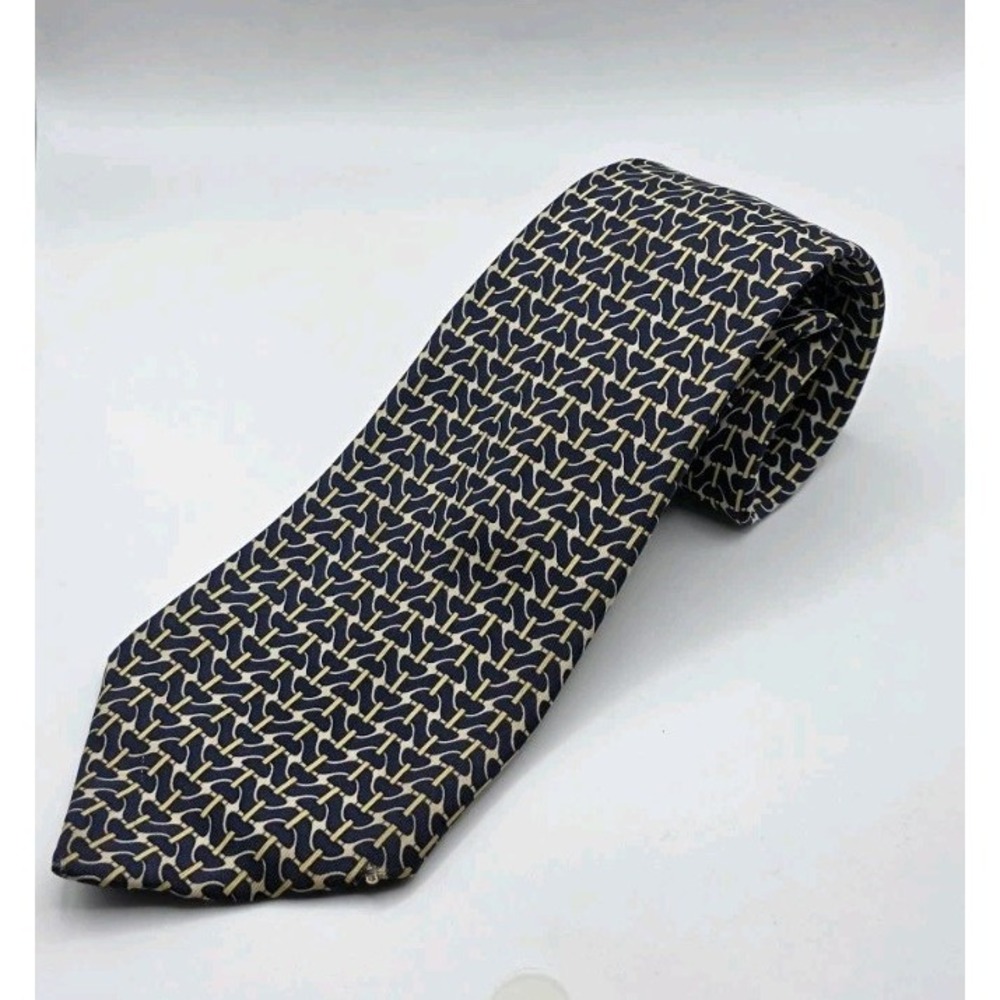 Hermès 7006 TA Silk Tie Blue Gold Chain Link Equestrian Foulard Made FrancE